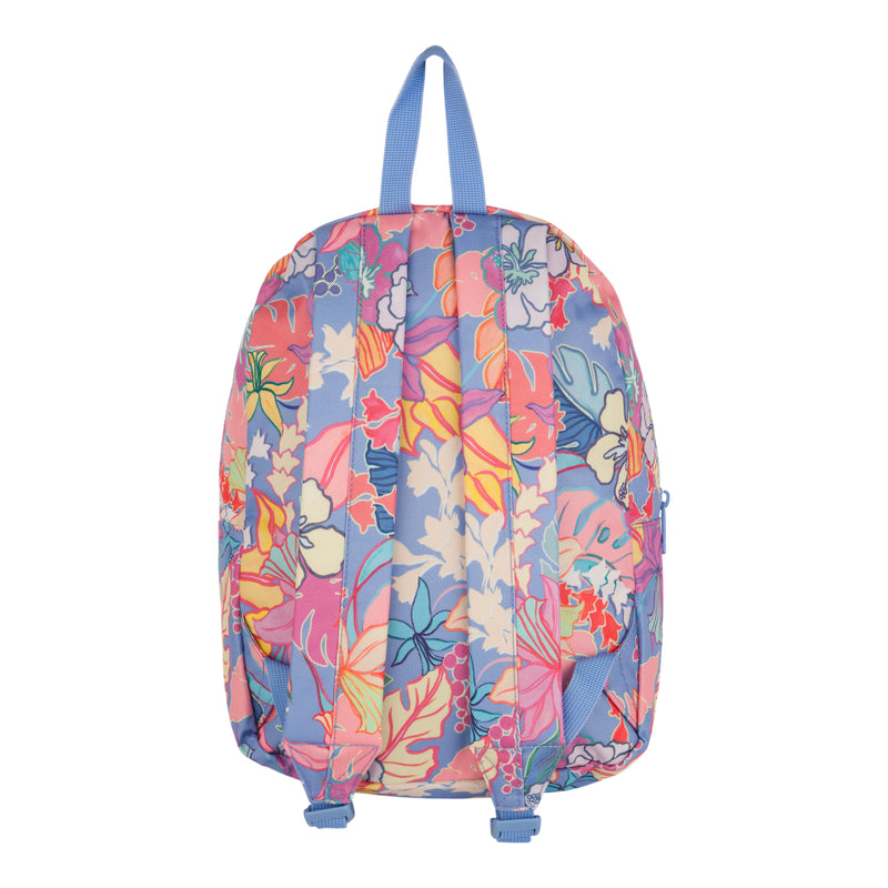 Colorful and compact, the ROXY Always Core Printed Backpack showcases blue straps and a vibrant, multicolored floral pattern in shades of pink, orange, yellow, blue, and purple. This eco-friendly backpack is designed for comfort with a top handle and two adjustable shoulder straps.