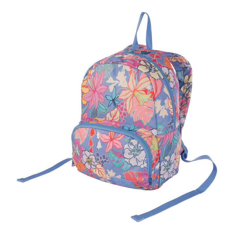 Here is a revised version of the sentence using the given product data: The ROXY Always Core Printed Backpack is a colorful and compact accessory, showcasing a bright floral pattern with pink, orange, and white flowers on a light blue background. Designed with blue straps and a convenient front zipper pocket, this backpack seamlessly combines style and practicality for everyday use.