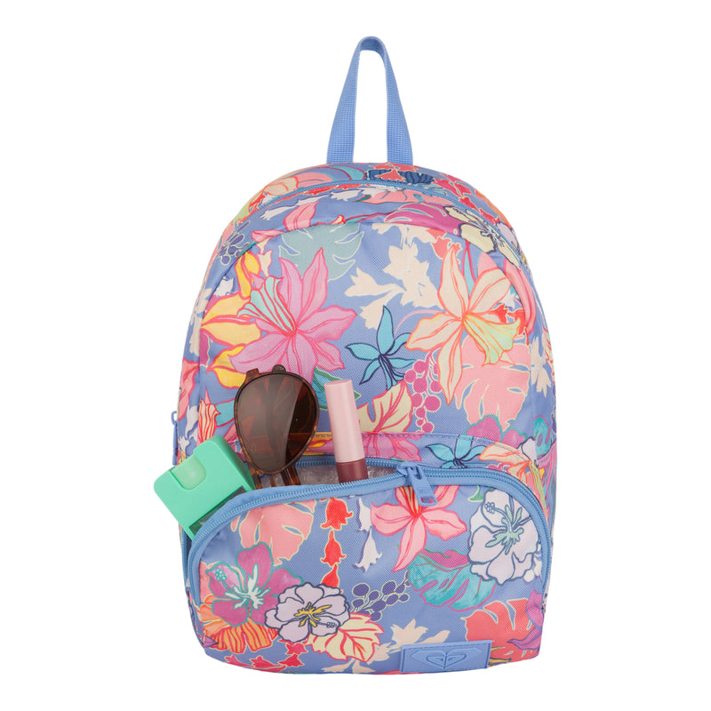 The ROXY Always Core Printed Backpack features a compact design with a vibrant floral print in blue, pink, and yellow. Its front pocket is unzipped to reveal essentials like sunglasses, lip balm, and a teal hand sanitizer, making it the perfect stylish choice for carrying your everyday items.