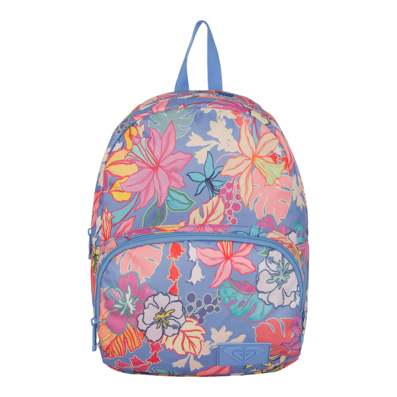 The ROXY Always Core Printed Backpack is a compact blue backpack decorated with large, colorful floral patterns in pink, orange, yellow, and purple. It includes a front zip pocket and a convenient top handle.