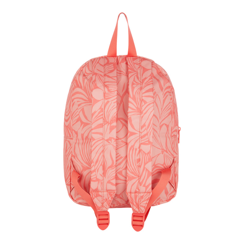 The ROXY Always Core Printed Backpack in coral pink features adjustable shoulder straps and a subtle floral print, shown from the back against a white background. This compact backpack blends style and practicality with an eco-friendly design, making it perfect for everyday use.
