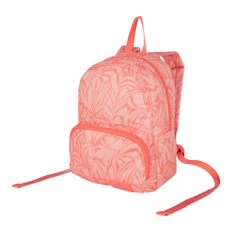 The ROXY Always Core Printed Backpack in pink features a stylish floral pattern, a spacious main compartment, a convenient front zipper pocket, and adjustable shoulder straps—making this compact backpack the perfect choice for carrying your essentials with flair.
