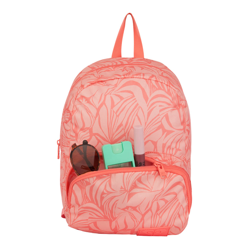 A coral pink ROXY Always Core Printed Backpack with a leaf pattern, shown against a white background. The front pocket holds sunglasses, a mint-green spray bottle, and a small tube, highlighting this stylish and practical backpack as the perfect companion for everyday adventures.
