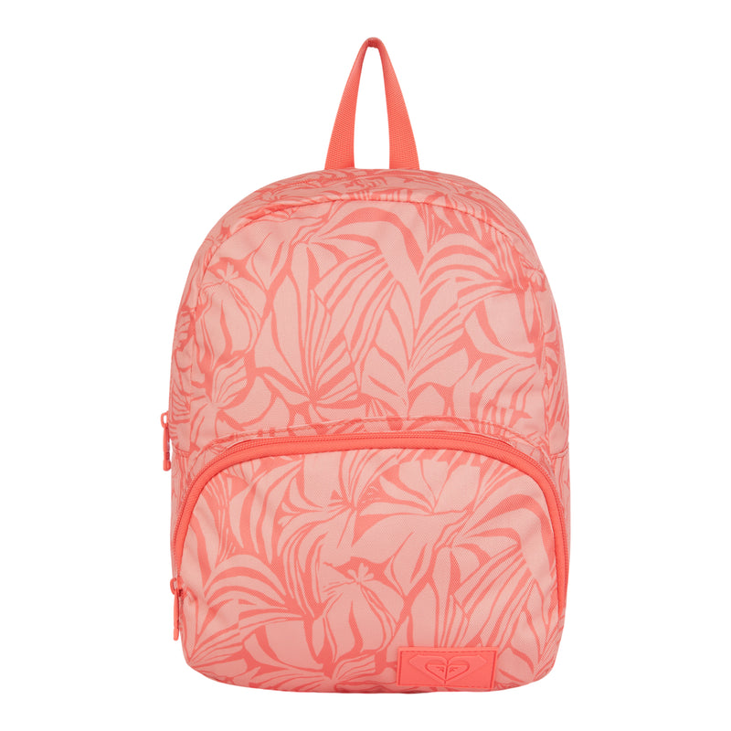 The ROXY Always Core Printed Backpack, shown here in coral pink with a tropical leaf pattern, features a front zip pocket and a matching top handle. Displayed against a plain white background, this compact backpack is ideal for everyday adventures.