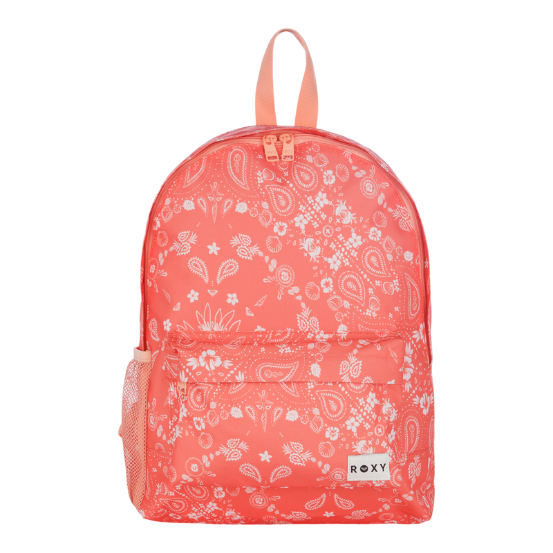 Roxy Sugar Baby Bottle Backpack in coral pink, featuring a white floral and paisley pattern, a front zip pocket, mesh side pocket, and a ROXY logo patch at the bottom right.