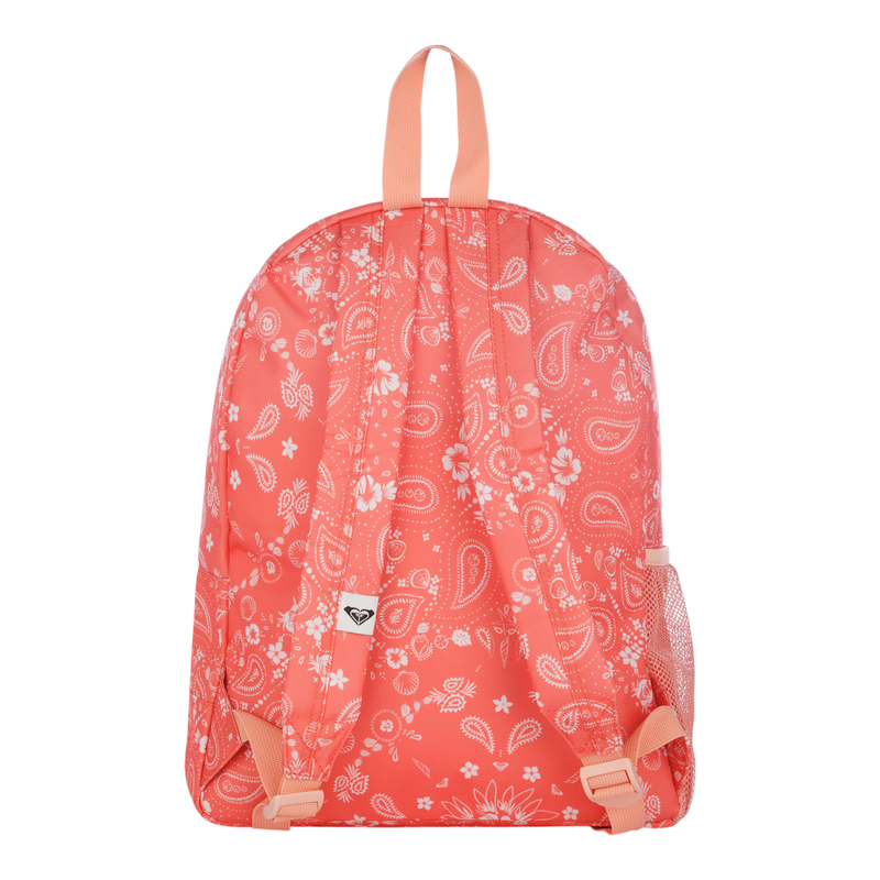 The Roxy Sugar Baby Bottle Backpack features a coral pink color with a white paisley pattern, peach straps, and a small logo on the lower back. Designed for convenience, it includes a mesh side pocket and a top handle for easy carrying.