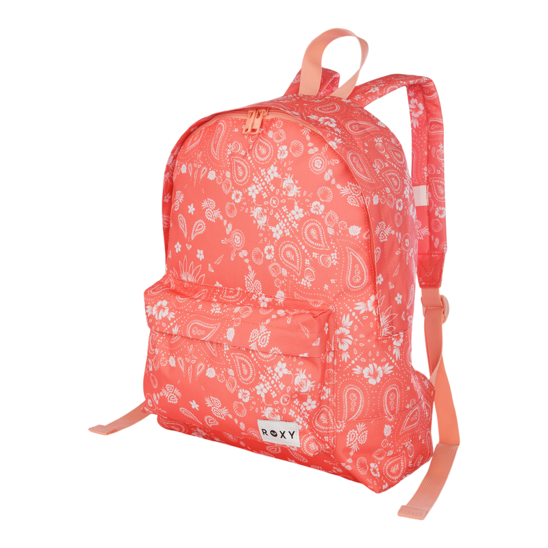 A coral pink Roxy Sugar Baby Bottle Backpack featuring a white paisley and floral pattern, a front pocket, top handle, and adjustable padded shoulder straps.