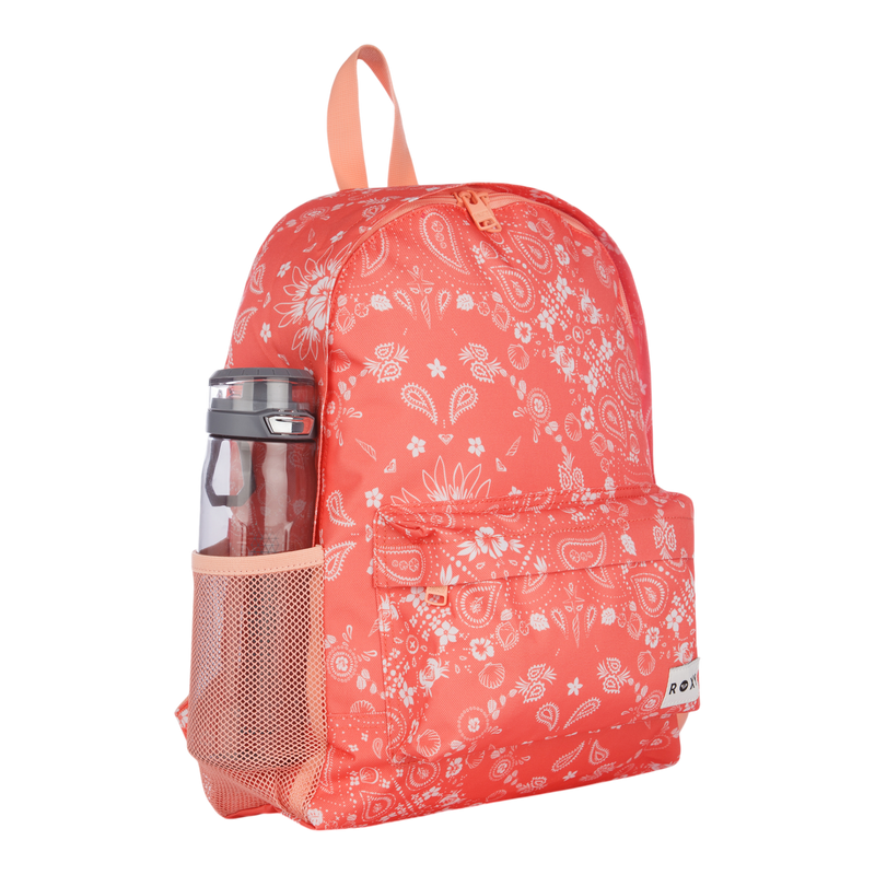 The Roxy Sugar Baby Bottle Backpack features a coral pink design with white floral and paisley patterns, a front zipper pocket, mesh side pocket holding a clear water bottle, and a peach top handle.
