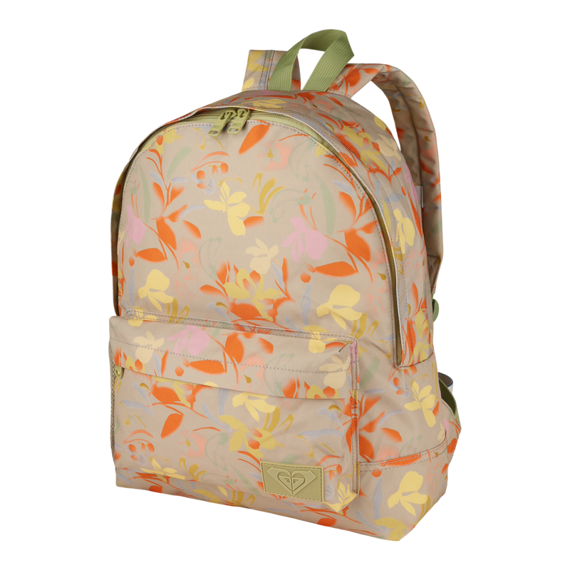 The Roxy Sugar Baby Canvas Backpack is shown on a white background. This sustainable beige backpack features vibrant red, orange, and yellow floral patterns, a front pocket, green zipper pulls, and is made from recycled polyester.