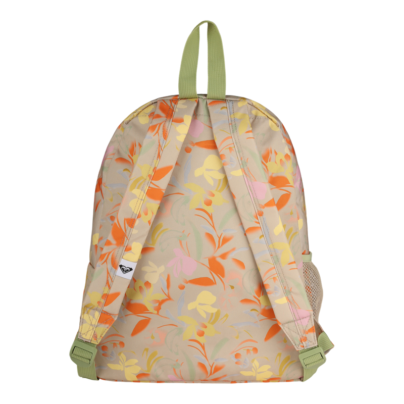 The Roxy Sugar Baby Canvas Backpack is a beige bag featuring orange, yellow, and pink floral patterns, green straps, a small side pocket, and a hanging loop at the top. Crafted from recycled polyester for sustainability, this eco-friendly backpack blends style and everyday functionality.