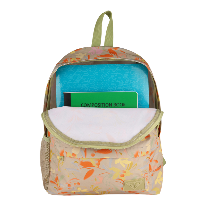 A floral Roxy Sugar Baby Canvas Backpack with its front pocket open, revealing a blue patterned folder, a green composition book, and a white cloth inside—crafted from recycled polyester for a sustainable backpack choice.
