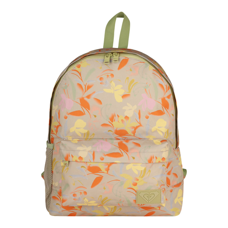A Roxy Sugar Baby Canvas Backpack in the Fleeting Bloom colorway, featuring a vibrant floral print in orange, yellow, and pink with a front pocket, side mesh pocket, and green top handle; this sustainable bag is made from recycled polyester.