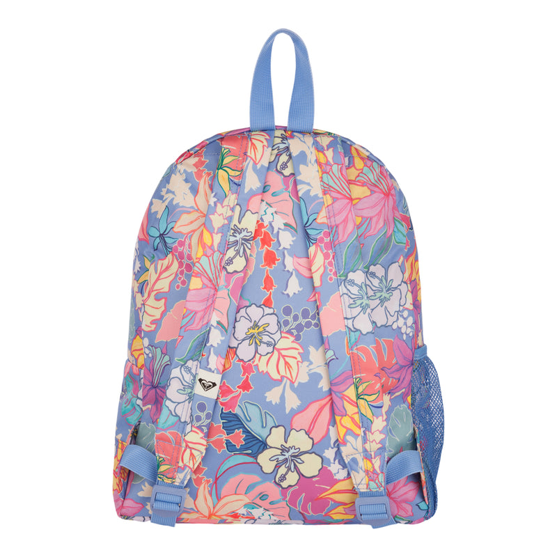 A vibrant and sustainable backpack, the ROXY Sugar Baby Bottle Backpack features a cheerful floral pattern in pink, yellow, orange, and white flowers on a blue background. With blue straps, a mesh side pocket, and crafted from recycled polyester materials, this backpack combines eco-friendly construction with lively style.