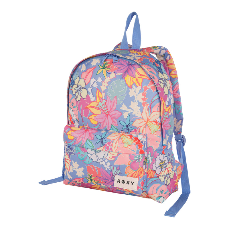 A vibrant ROXY Sugar Baby Bottle Backpack adorned with a lively floral pattern in pink, purple, orange, and blue. It features a front pocket, blue straps, and a top handle. Made from recycled polyester, this sustainable backpack offers an eco-friendly touch.