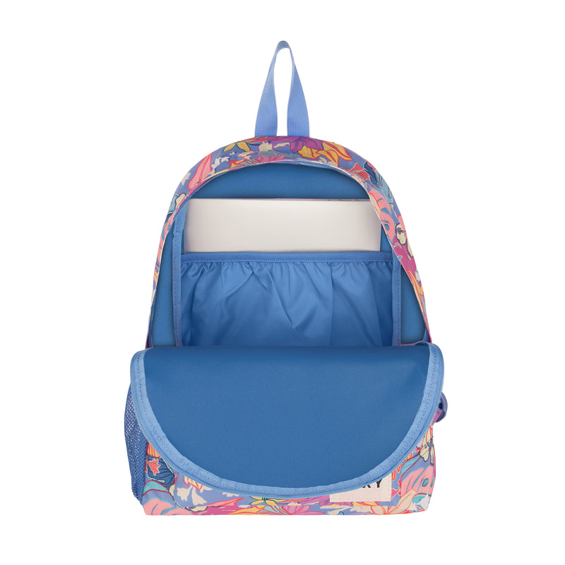 A blue ROXY Sugar Baby Bottle Backpack with a floral pattern, shown unzipped to reveal a spacious main compartment, an inner pocket, and a mesh side pocket. Crafted as a sustainable backpack from recycled polyester, it features a top handle and visible interior details for both style and functionality.