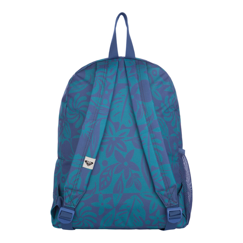 Roxy Sugar Baby Bottle Backpack in blue, featuring adjustable straps, floral and leaf patterns, a top handle, and a small logo tag. The side includes a mesh pocket. The backpack is shown from the back to display the full design.