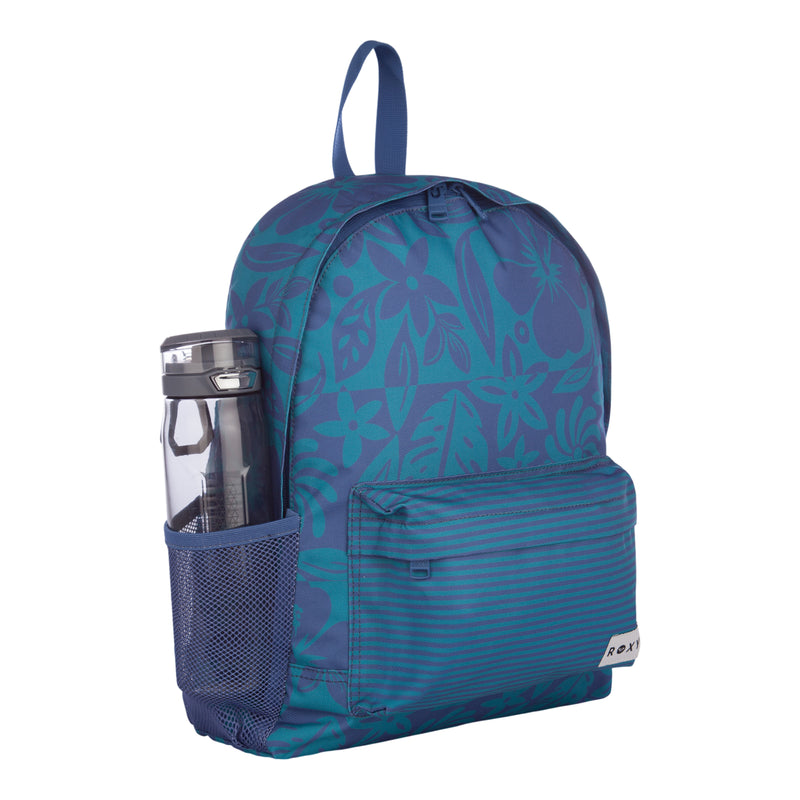 The Roxy Sugar Baby Bottle Backpack features a blue floral pattern, a zippered front pocket, and a mesh side pocket perfect for holding a clear water bottle.