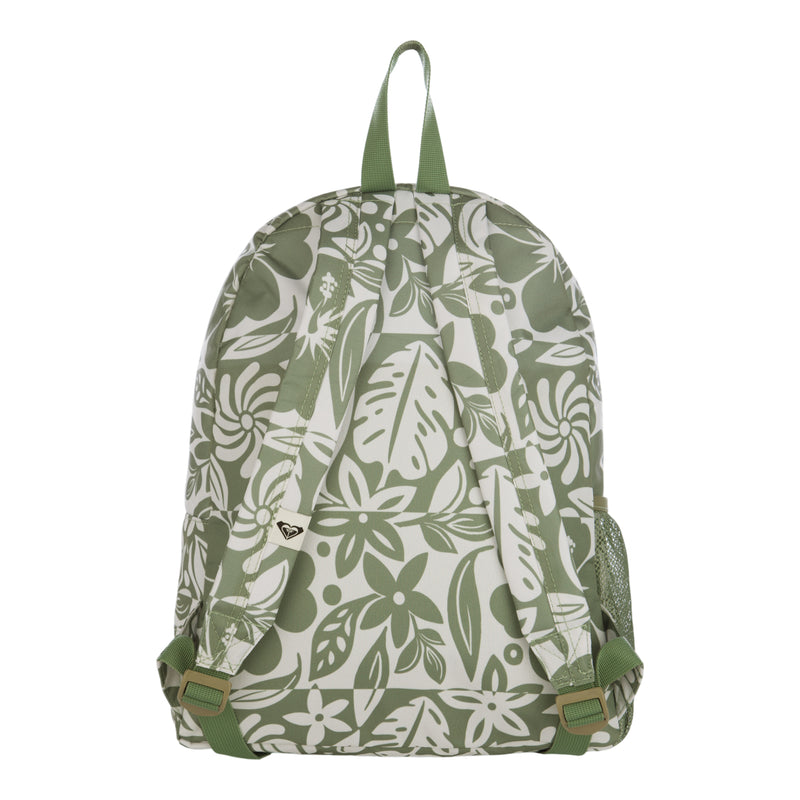 The Roxy Sugar Baby Bottle Backpack features a green and white floral and leaf pattern, green straps, a top handle, and a side mesh pocket, displayed against a white background.