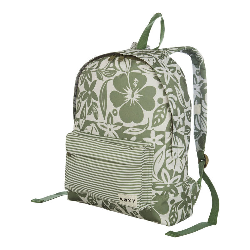 The Sugar Baby Bottle Backpack by Roxy features a green and white floral pattern, a striped front pocket, green straps, and a small ROXY label on the front.