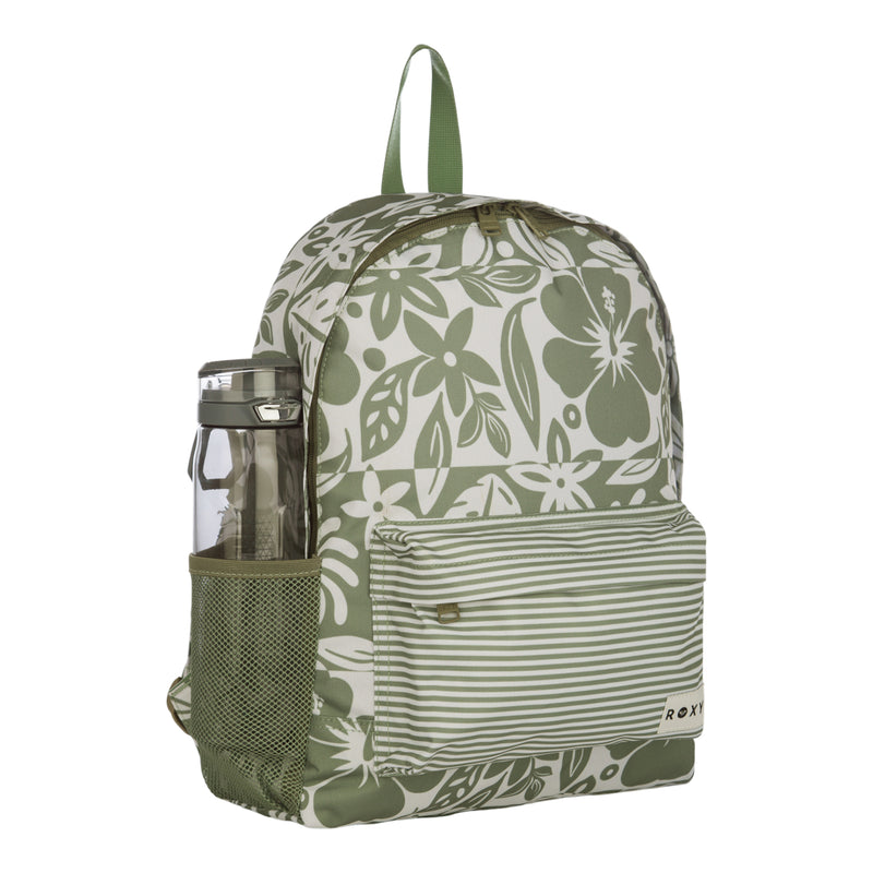 The Roxy Sugar Baby Bottle Backpack is green and white with a floral print, featuring a striped front pocket, a mesh side pocket holding a clear water bottle, and a small ROXY label on the front.