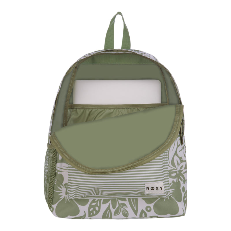 A green and white floral Sugar Baby Bottle Backpack by Roxy, with the front pocket open to show a laptop inside the main compartment and the Roxy brand label displayed on the front pocket.
