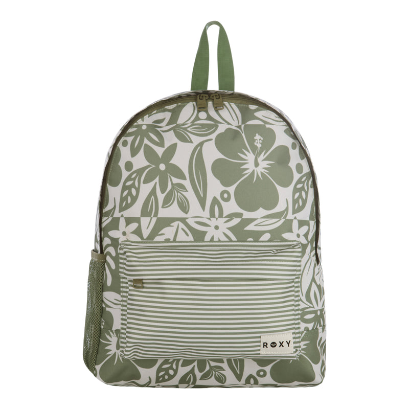 The Sugar Baby Bottle Backpack by Roxy features a green and white floral pattern, a striped front pocket with a ROXY label at the bottom right, a green mesh side pocket, and a green carrying handle on top.