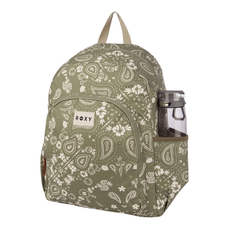 Moon Magic Backpack by Roxy in medium green, featuring white floral and paisley patterns, a beige handle, front zip pocket, and a side pocket with a clear reusable water bottle. This stylish women’s backpack displays the Roxy brand on a prominent front label.