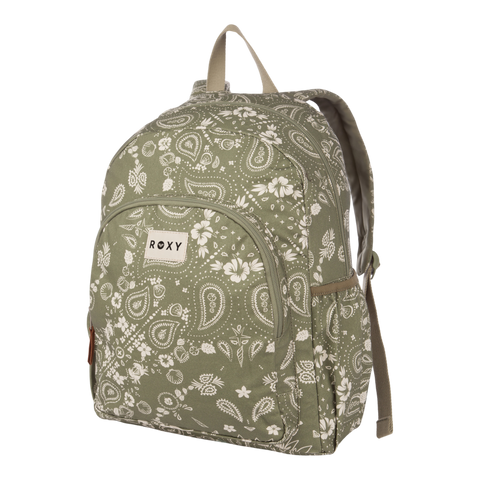 The Roxy Moon Magic Backpack in Oil Green Boho Bandana features elegant white paisley and floral patterns, a front zipper pocket, and beige straps—making it a chic and practical backpack for women.