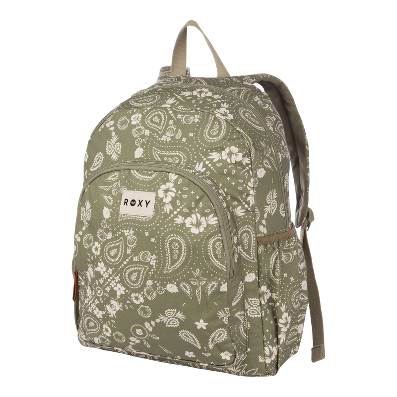 The Roxy Moon Magic Backpack in Oil Green Boho Bandana features elegant white paisley and floral patterns, a front zipper pocket, and beige straps—making it a chic and practical backpack for women.