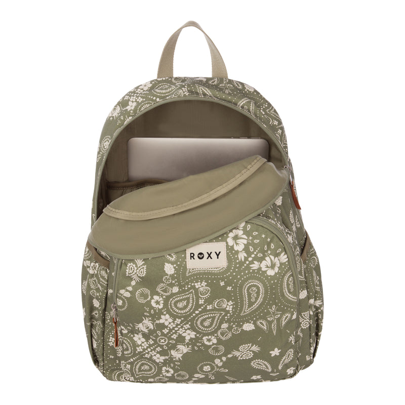 The green floral-patterned Moon Magic Backpack by Roxy is shown with its front pocket open, revealing a laptop partially tucked into the main compartment. A Roxy patch on the front pocket highlights the brand, making this stylish backpack an ideal choice for women who appreciate both fashion and functionality.