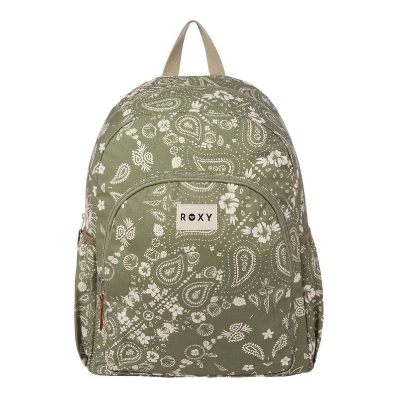 Introducing the Moon Magic Backpack by Roxy—a stylish green backpack adorned with a white paisley and floral pattern. It features a practical front zipper pocket, side pockets, and a beige handle on top. The front is accented with a rectangular patch displaying the Roxy brand name in black letters. Part of the Roxy Medium Backpack collection, this versatile backpack perfectly combines fashion and functionality, making it an ideal choice for women.