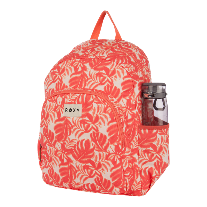 A stylish Roxy Moon Magic Backpack for women, featuring a red and white pattern, with a front pocket and a water bottle in the side pocket, photographed on a white background.
