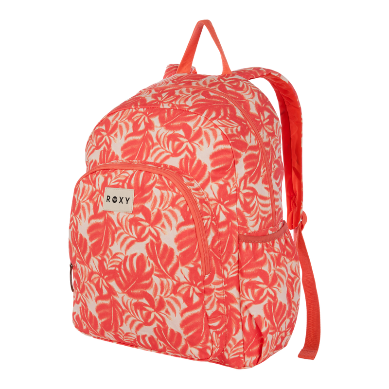 A Roxy Moon Magic Backpack in coral and white for women, featuring a tropical leaf pattern, front zipper pocket, and adjustable straps, is displayed on a white background. This stylish backpack effortlessly combines fashion and function for everyday use.