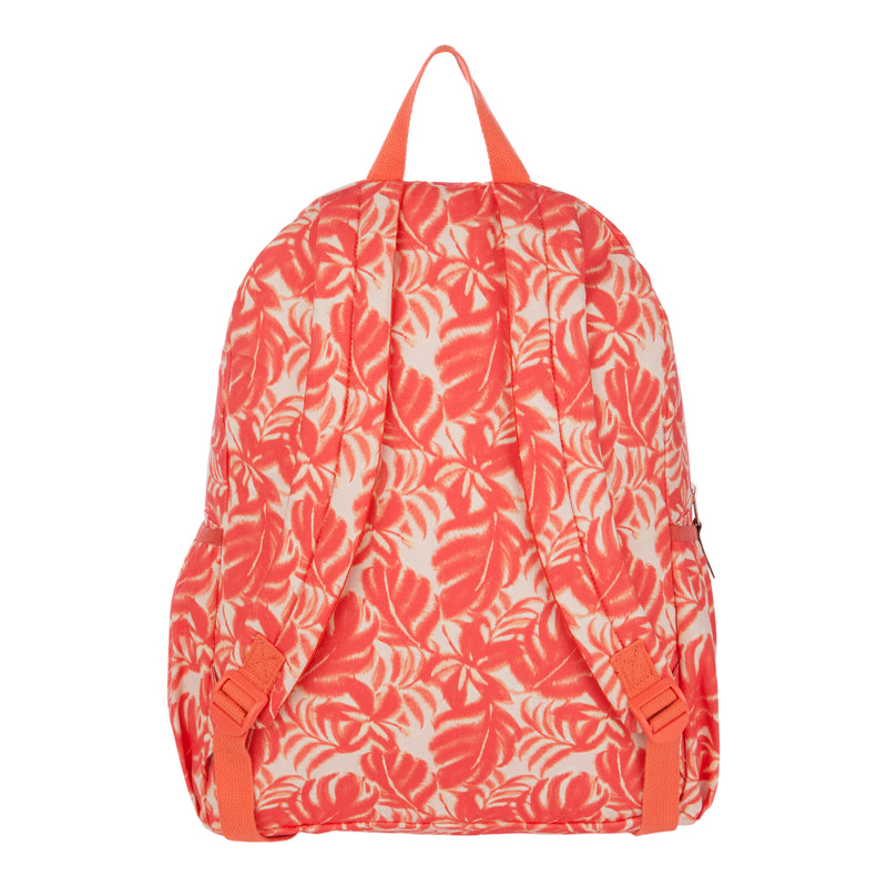 Coral and white Moon Magic Backpack by Roxy with a tropical leaf pattern, featuring adjustable orange straps and a top handle, shown against a white background—a stylish backpack perfect for women on the go.