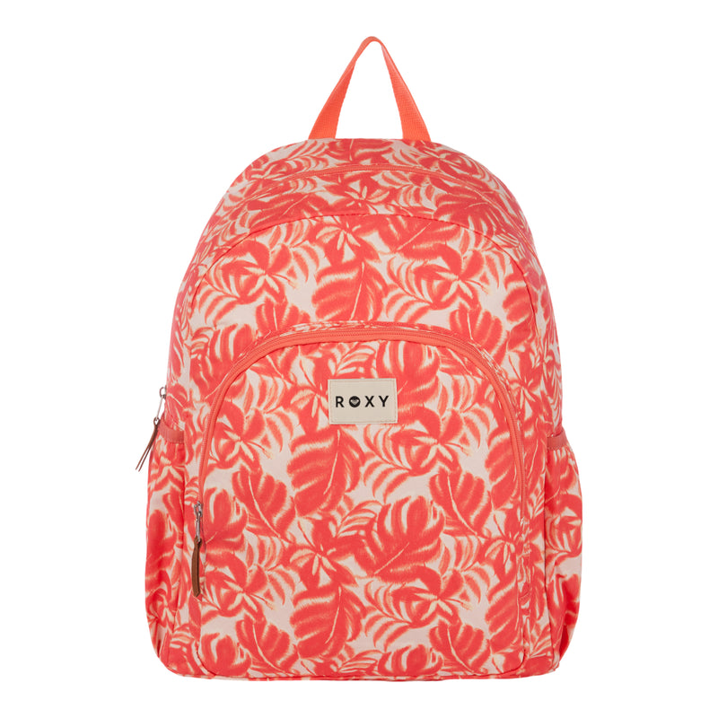 Introducing the Roxy Moon Magic Backpack in Coral Palm Haze, a stylish backpack for women featuring a tropical leaf pattern, front pocket, top handle, and the signature ROXY logo patch.