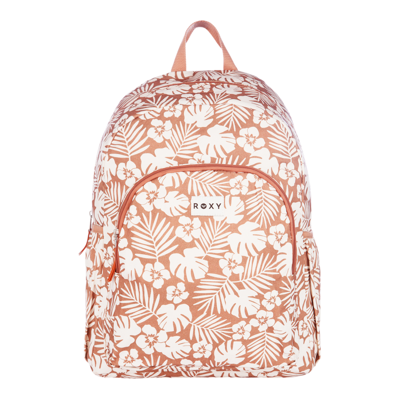 Introducing the “Moon Magic Backpack” by Roxy—a coral-colored backpack featuring white tropical floral and leaf patterns, a front zipper pocket, side pockets, a top handle, and the Roxy brand label on the front.