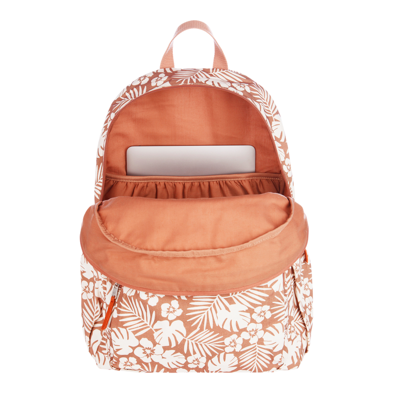 A Moon Magic Backpack by Roxy in an orange and white floral print is shown with its top open, revealing a laptop partially slipped into the inner sleeve pocket.