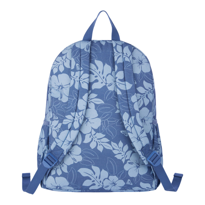 The Roxy Moon Magic Backpack is shown from the back, featuring a blue color with a light blue floral pattern. It includes adjustable straps, a top handle, and convenient side pockets.