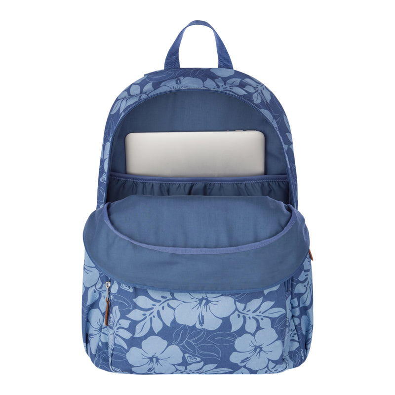 The Roxy Moon Magic Backpack features a blue floral design with an open front pocket and a main compartment that reveals a partially visible laptop. Inside, you’ll find a padded sleeve for added protection.