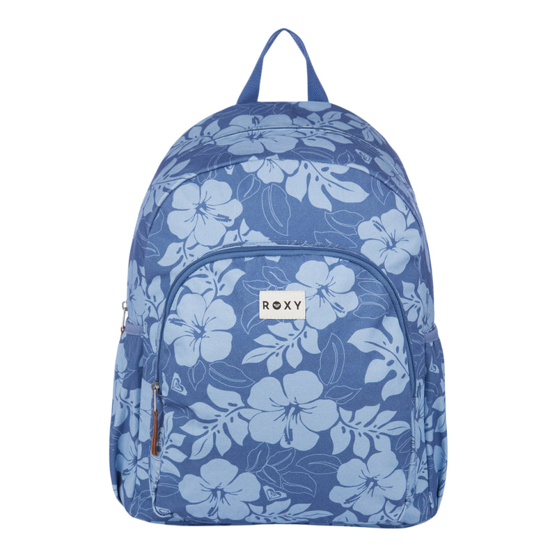 The Roxy Moon Magic Backpack features a blue design with light blue floral patterns, a front zipper pocket, side pockets, a top handle, and a white Roxy label on the front.