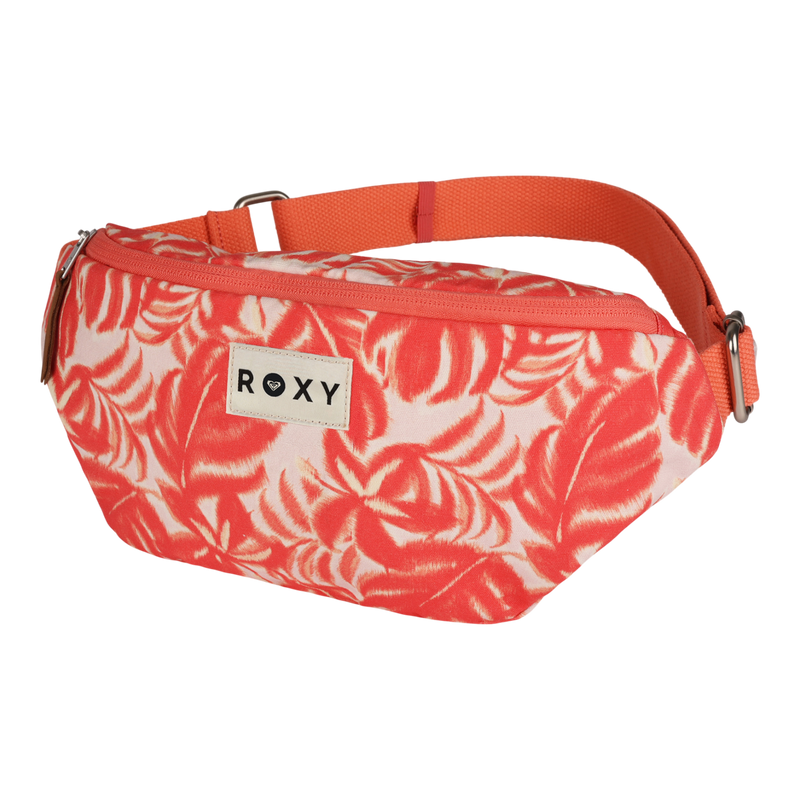 A Roxy Vanilla Smoothie Crossbody Bag featuring a coral and white tropical leaf pattern, crafted from cotton with an orange adjustable strap and zipper for hands-free convenience, photographed against a plain white background.