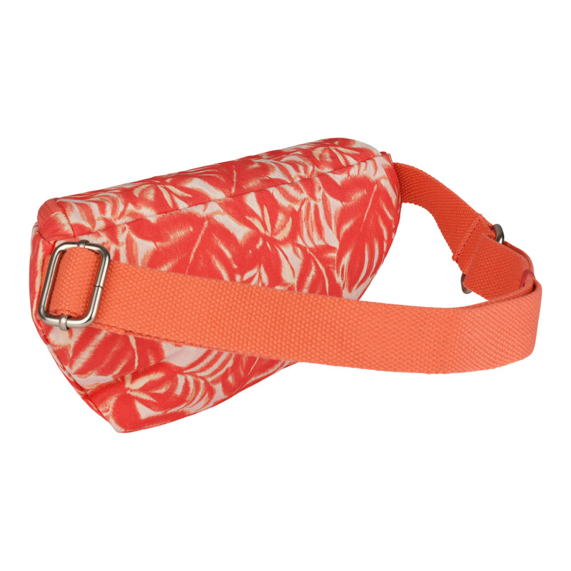 Roxy Vanilla Smoothie Crossbody Bag in a red and white patterned cotton, featuring an orange adjustable strap with a metal buckle for hands-free convenience, displayed on a white background.