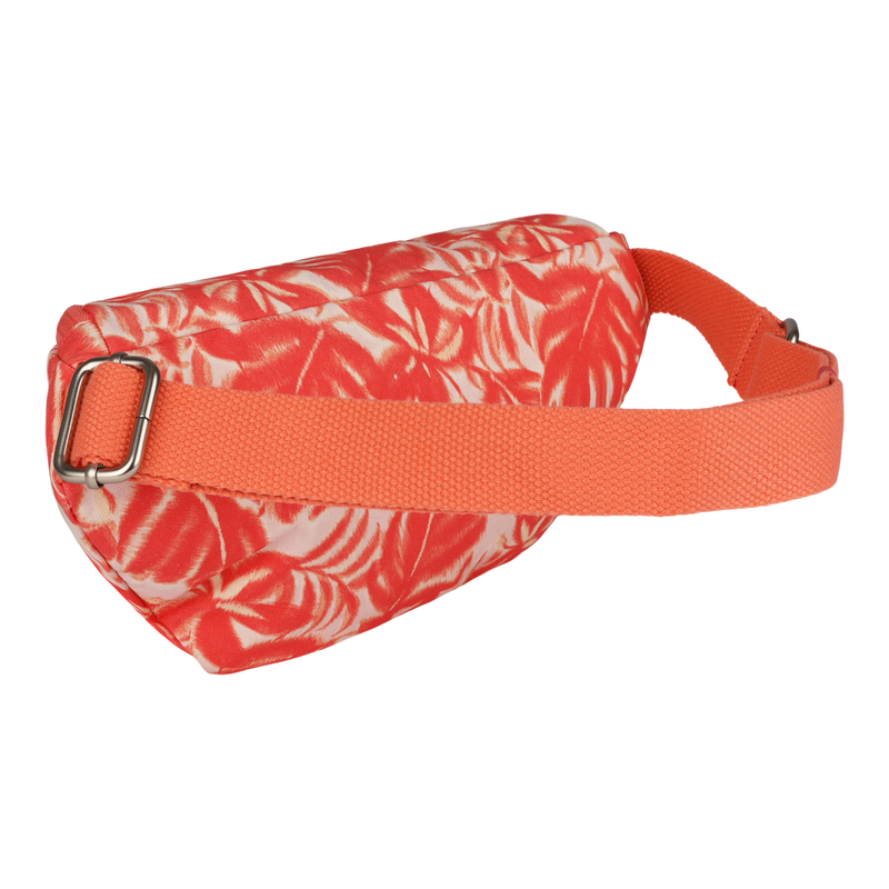 The Vanilla Smoothie Crossbody Bag by Roxy features a red and cream floral cotton design, an adjustable solid red strap with a metal buckle, and is pictured on a white background—perfect for keeping your essentials close while staying hands-free.