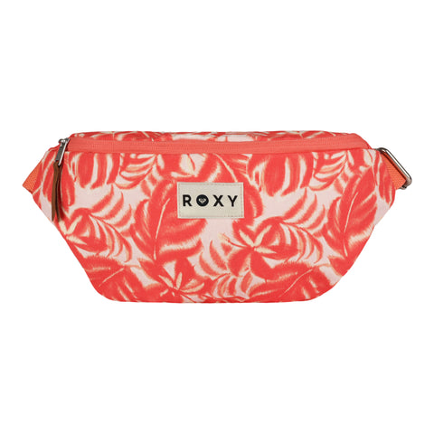 The Roxy Vanilla Smoothie Crossbody Bag in Coral Palm Haze is a cotton waist pack adorned with a tropical leaf pattern. It features an adjustable strap for a customizable fit, a top zipper closure, and a ROXY logo patch on the front—perfect for keeping your essentials hands-free.