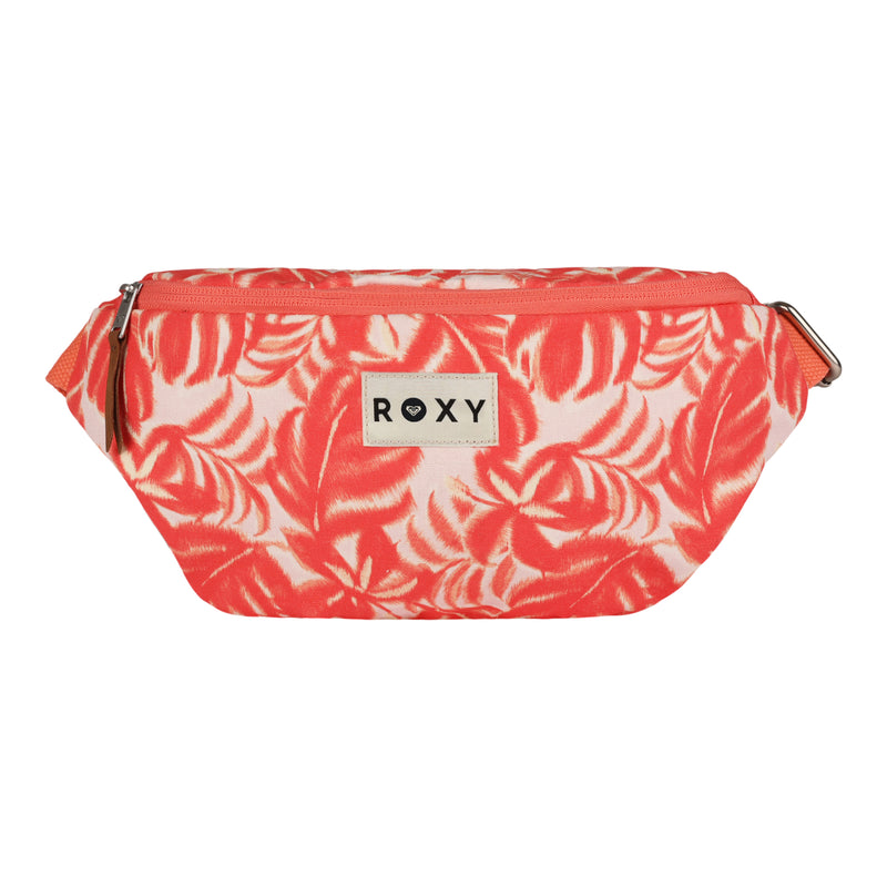 The Roxy Vanilla Smoothie Crossbody Bag in Coral Palm Haze is a cotton waist pack adorned with a tropical leaf pattern. It features an adjustable strap for a customizable fit, a top zipper closure, and a ROXY logo patch on the front—perfect for keeping your essentials hands-free.