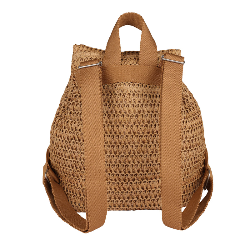 The Roxy Spotless Sunnies Backpack is a large woven bag with tan faux leather accents, adjustable cotton straps, a flapover closure, and a top handle, displayed against a white background.