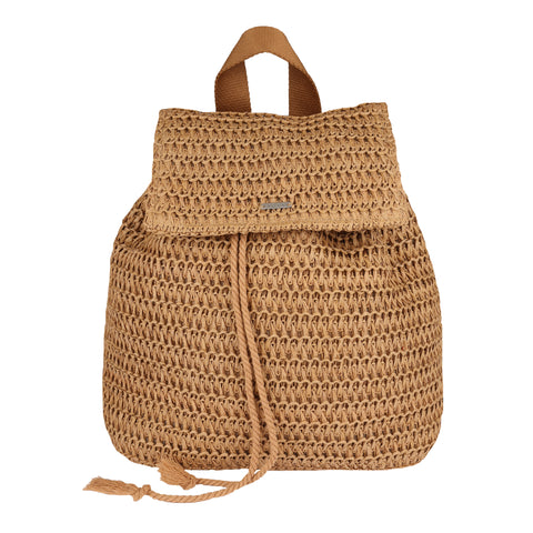 The Roxy Spotless Sunnies Backpack features a large woven design with a flapover closure, drawstring ties, top handle, adjustable cotton straps, and detailed texture for a natural, casual summer style.