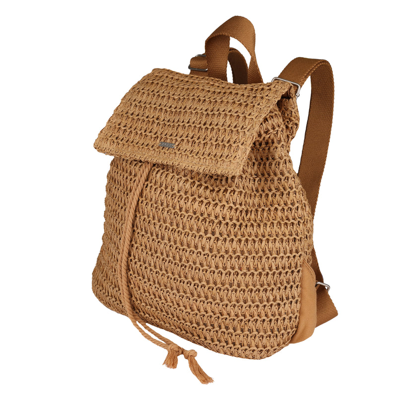 The Roxy Spotless Sunnies Backpack features a natural, textured look with a flapover closure, adjustable cotton straps, and a front drawstring—perfect for casual, summery style.