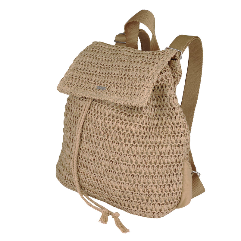 The Roxy Spotless Sunnies Backpack is a large beige woven bag with adjustable cotton straps, a flapover closure, and a front drawstring, displayed against a white background.