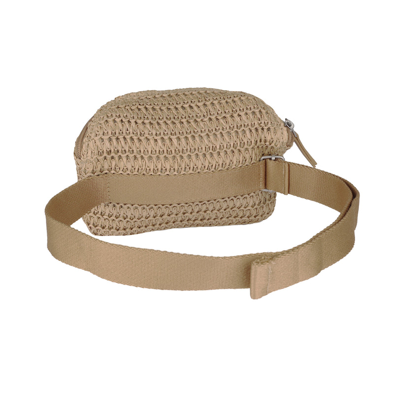 The Roxy Spotless Sunnies Fanny Pack is a small beige woven waist pack with adjustable straps and a zip closure, ideal for hands-free use. Shown on a white background.